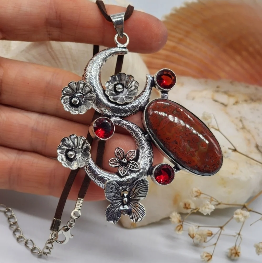 Moon Silver 925 Necklace Pendant Natural Agate Cabochon Stone Leather Necklace